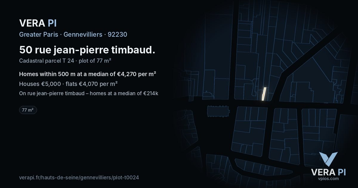 50 rue jean-pierre timbaud, Gennevilliers at night – the plot lit, the parcels around coloured by the prices near them