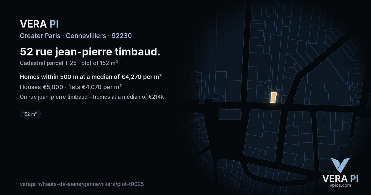 52 rue jean-pierre timbaud, Gennevilliers at night – the plot lit, the parcels around coloured by the prices near them