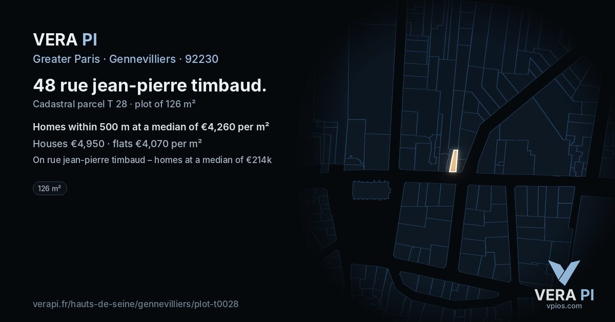 48 rue jean-pierre timbaud, Gennevilliers at night – the plot lit, the parcels around coloured by the prices near them