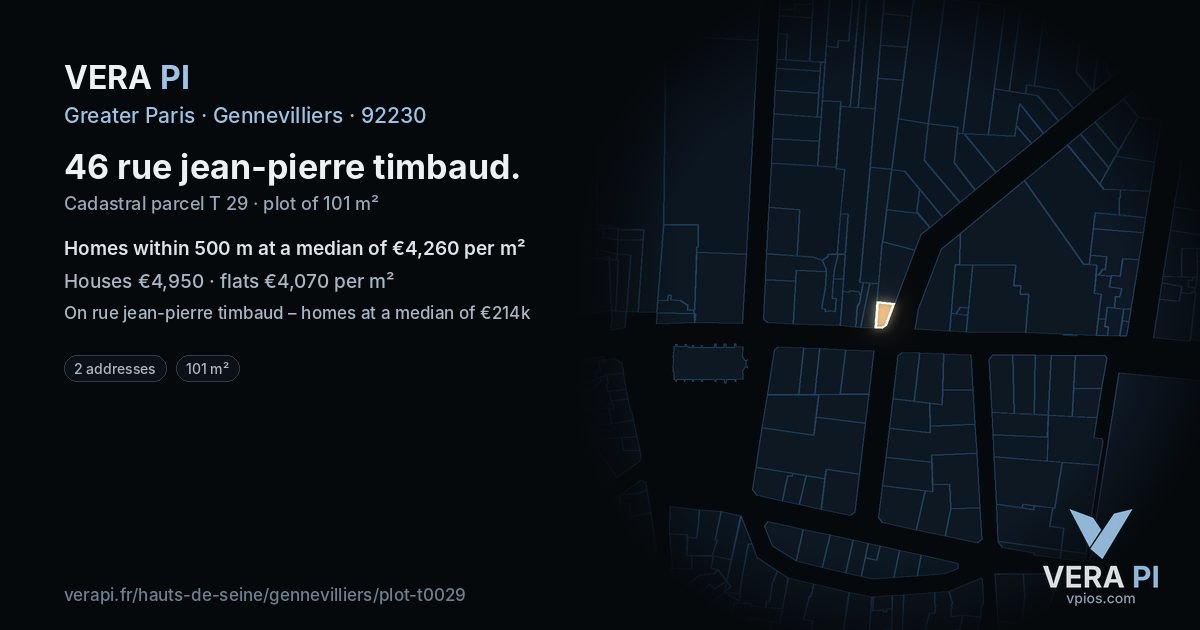 46 rue jean-pierre timbaud, Gennevilliers at night – the plot lit, the parcels around coloured by the prices near them