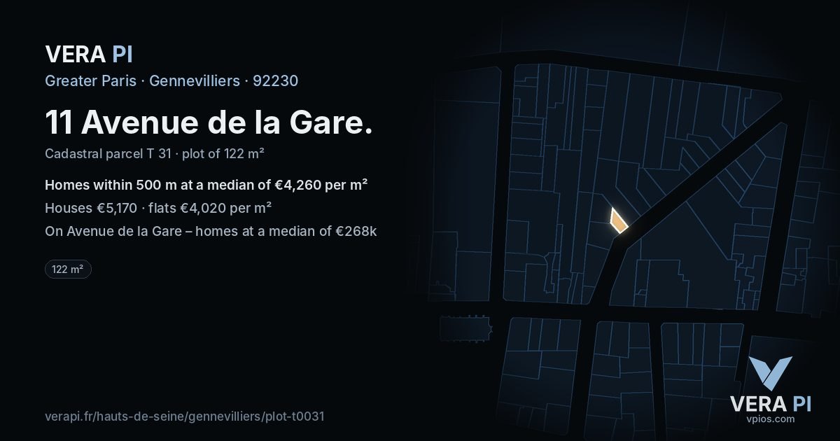 11 Avenue de la Gare, Gennevilliers at night – the plot lit, the parcels around coloured by the prices near them