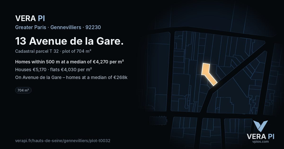 13 Avenue de la Gare, Gennevilliers at night – the plot lit, the parcels around coloured by the prices near them