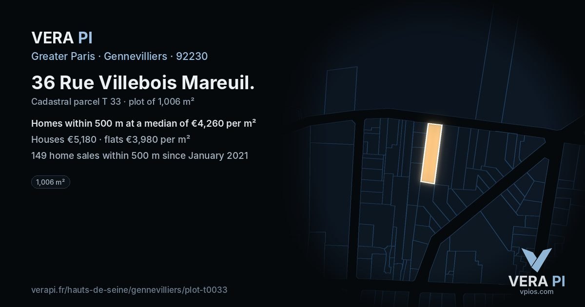 36 Rue Villebois Mareuil, Gennevilliers at night – the plot lit, the parcels around coloured by the prices near them