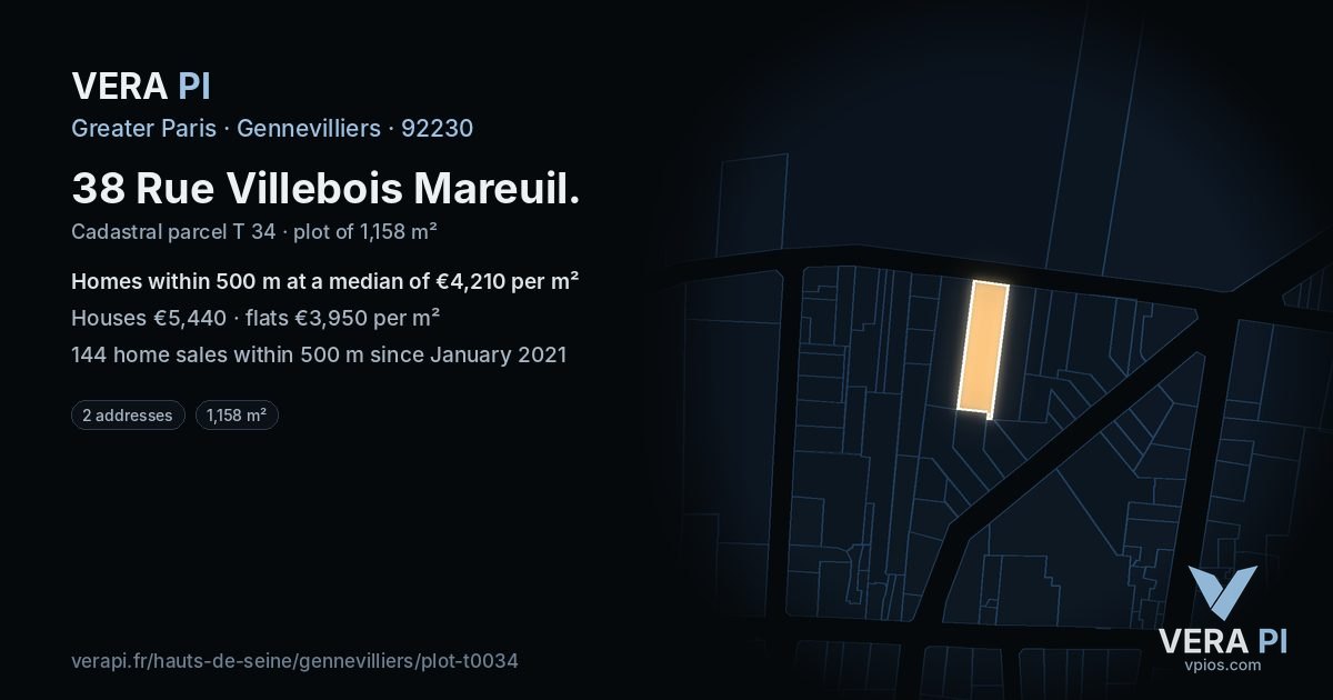 38 Rue Villebois Mareuil, Gennevilliers at night – the plot lit, the parcels around coloured by the prices near them