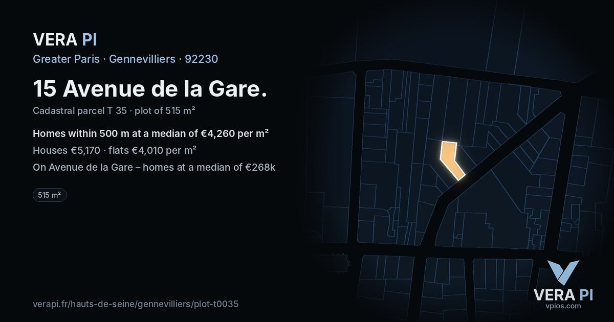 15 Avenue de la Gare, Gennevilliers at night – the plot lit, the parcels around coloured by the prices near them