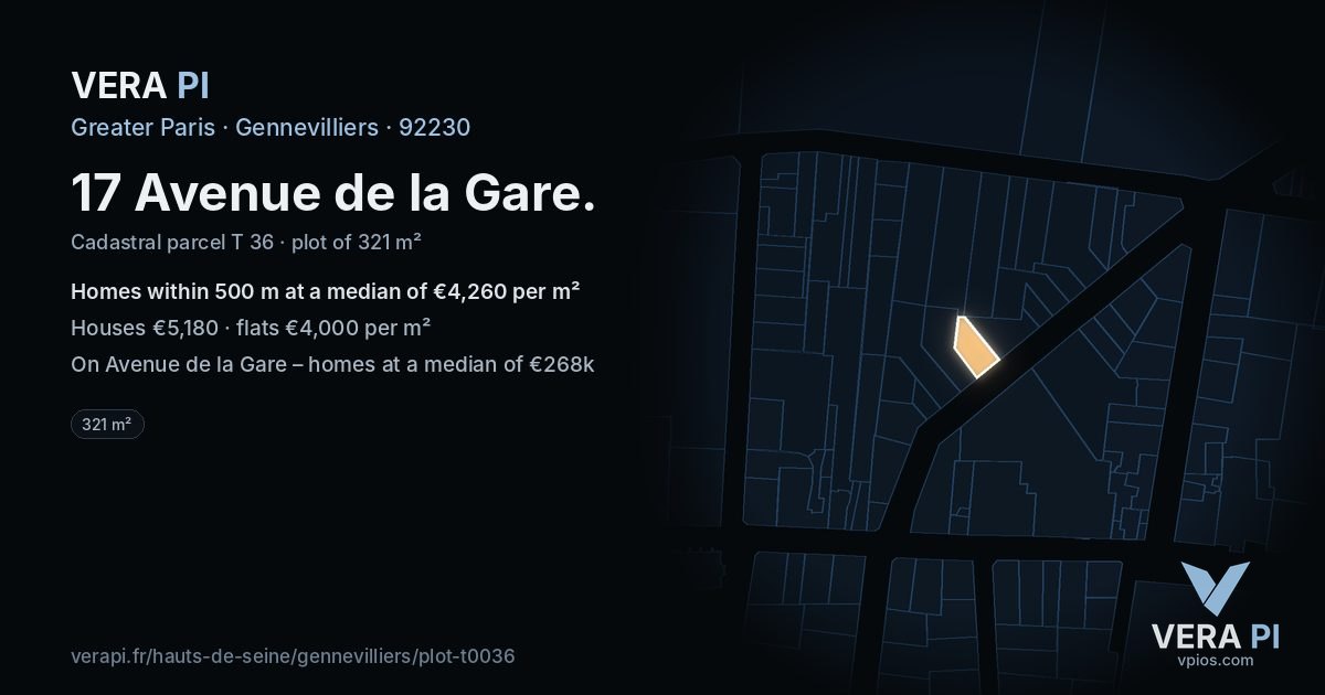 17 Avenue de la Gare, Gennevilliers at night – the plot lit, the parcels around coloured by the prices near them
