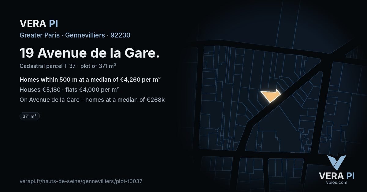 19 Avenue de la Gare, Gennevilliers at night – the plot lit, the parcels around coloured by the prices near them