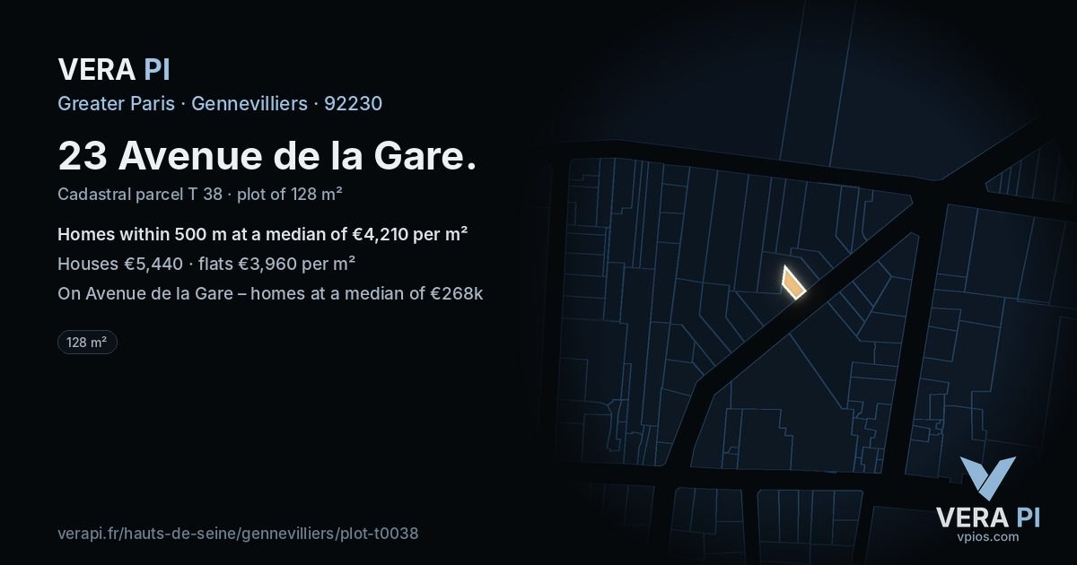 23 Avenue de la Gare, Gennevilliers at night – the plot lit, the parcels around coloured by the prices near them