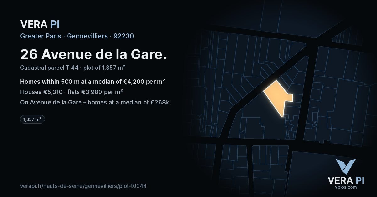 26 Avenue de la Gare, Gennevilliers at night – the plot lit, the parcels around coloured by the prices near them