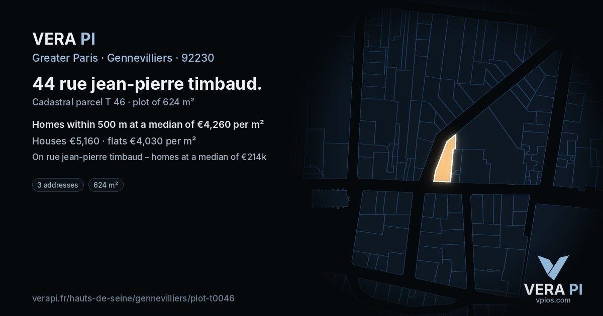 44 rue jean-pierre timbaud, Gennevilliers at night – the plot lit, the parcels around coloured by the prices near them