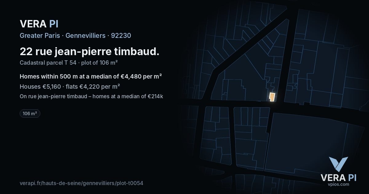 22 rue jean-pierre timbaud, Gennevilliers at night – the plot lit, the parcels around coloured by the prices near them