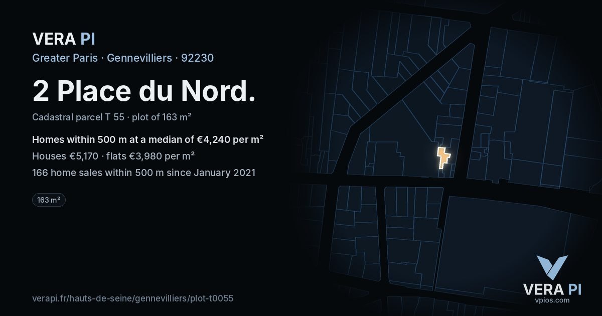 2 Place du Nord, Gennevilliers at night – the plot lit, the parcels around coloured by the prices near them