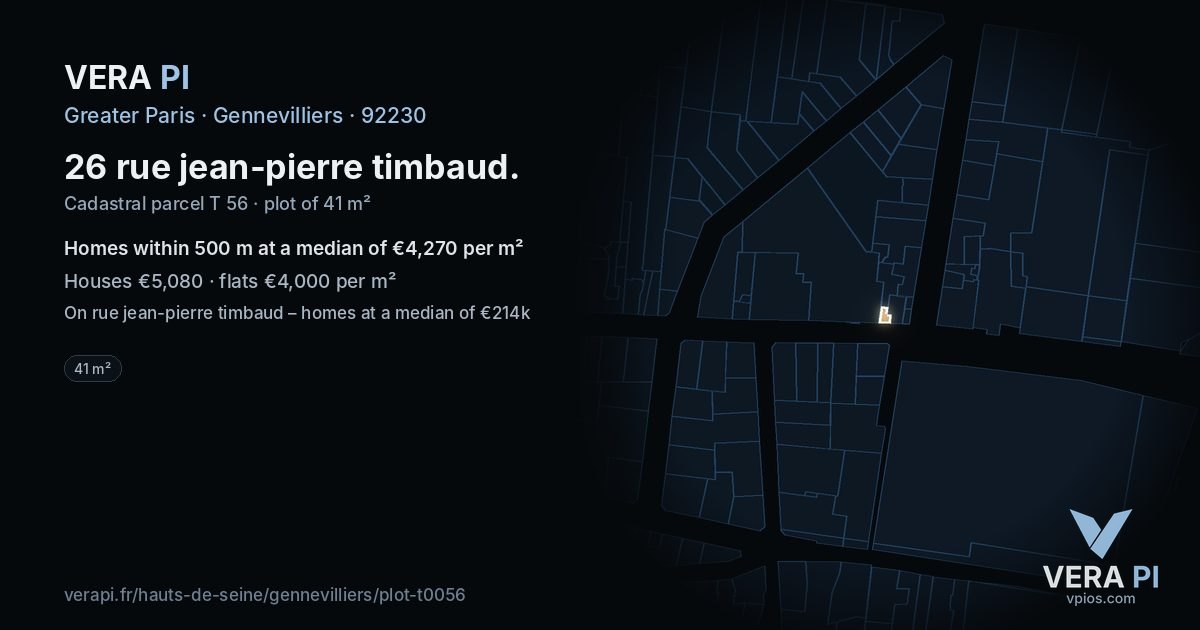26 rue jean-pierre timbaud, Gennevilliers at night – the plot lit, the parcels around coloured by the prices near them