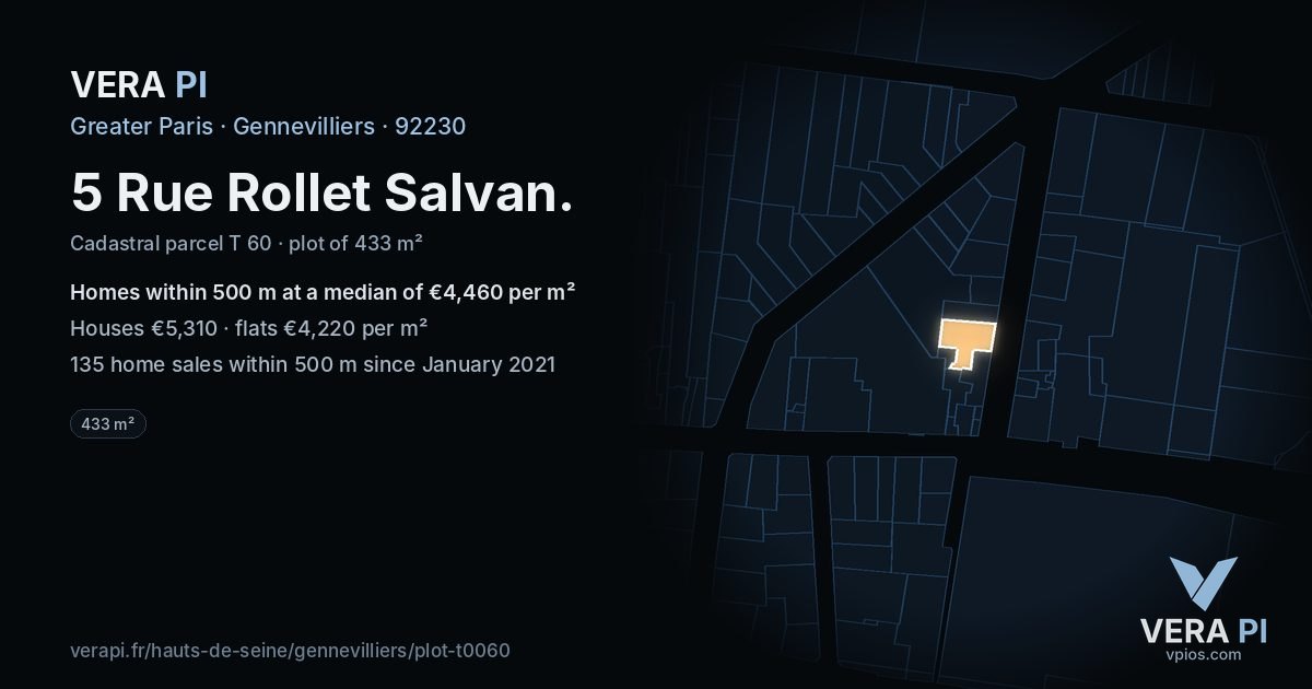 5 Rue Rollet Salvan, Gennevilliers at night – the plot lit, the parcels around coloured by the prices near them