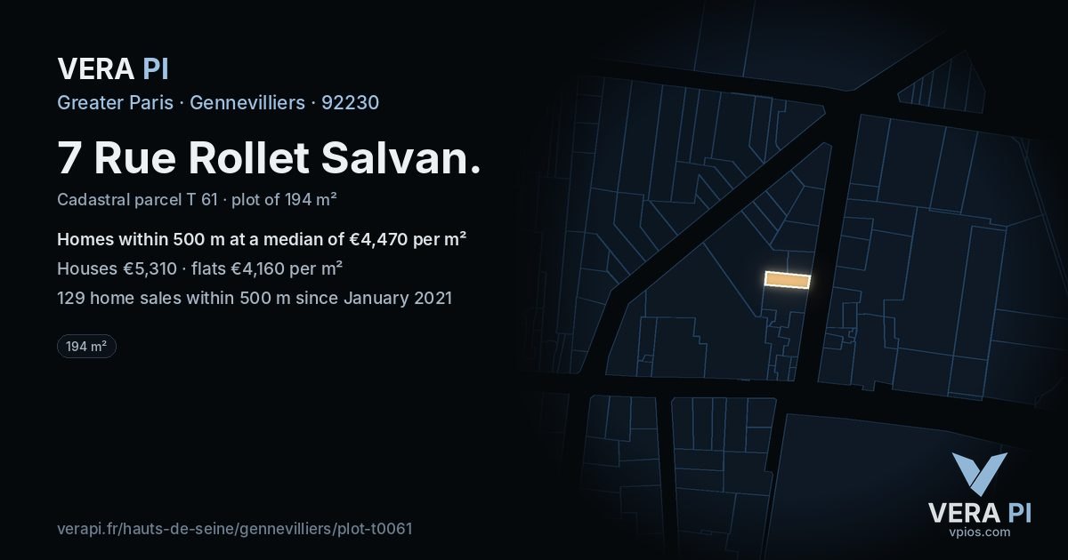 7 Rue Rollet Salvan, Gennevilliers at night – the plot lit, the parcels around coloured by the prices near them