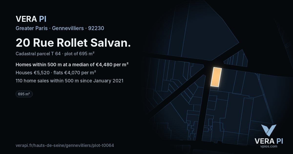 20 Rue Rollet Salvan, Gennevilliers at night – the plot lit, the parcels around coloured by the prices near them