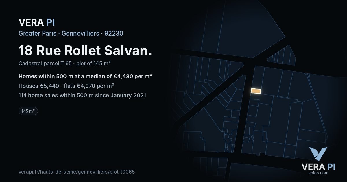 18 Rue Rollet Salvan, Gennevilliers at night – the plot lit, the parcels around coloured by the prices near them