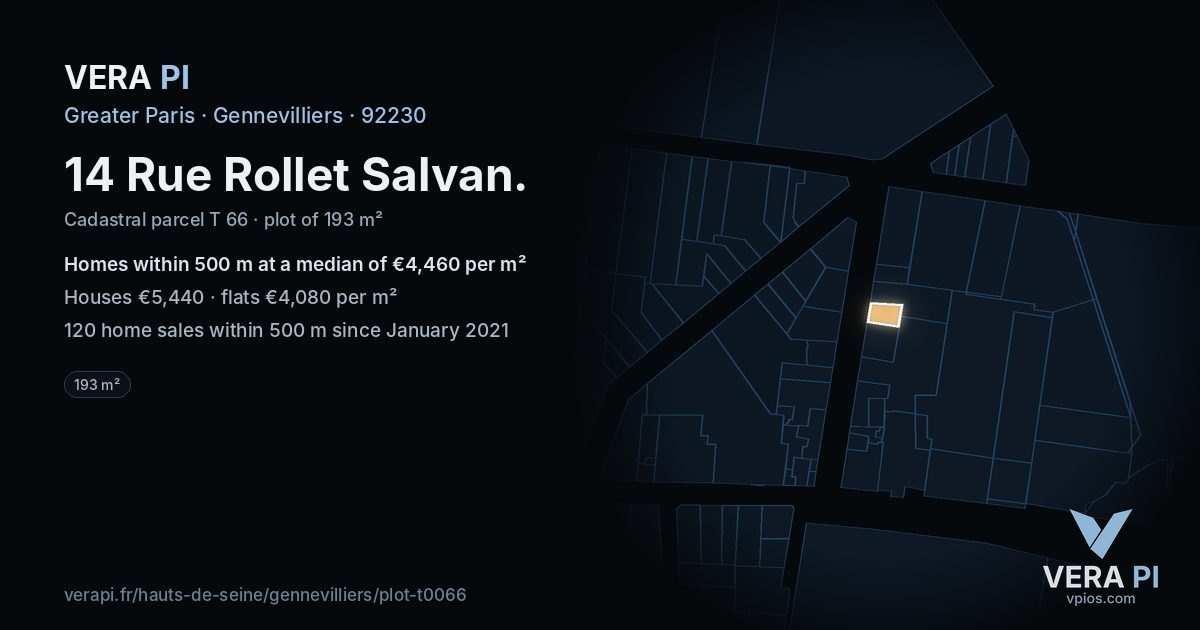 14 Rue Rollet Salvan, Gennevilliers at night – the plot lit, the parcels around coloured by the prices near them