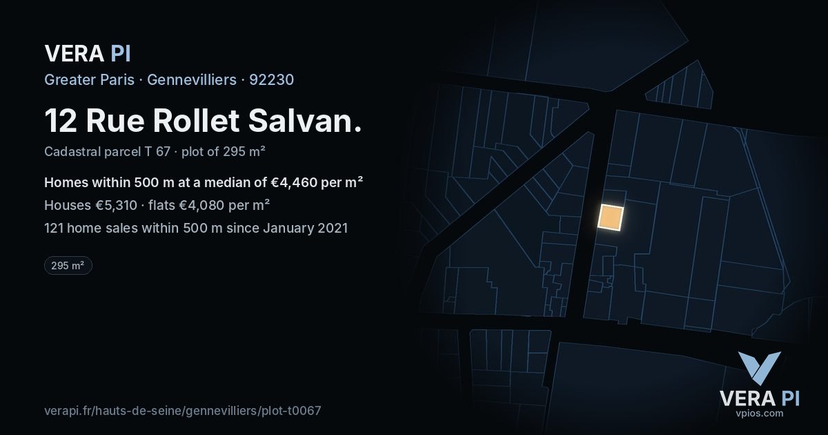 12 Rue Rollet Salvan, Gennevilliers at night – the plot lit, the parcels around coloured by the prices near them