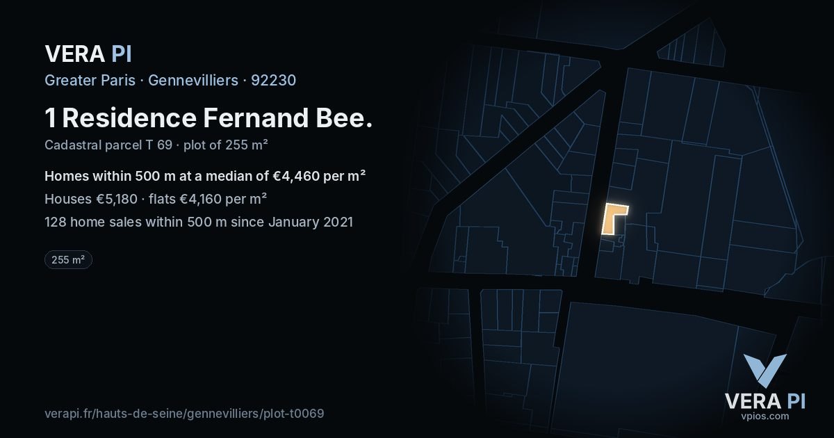 1 Residence Fernand Bee, Gennevilliers at night – the plot lit, the parcels around coloured by the prices near them