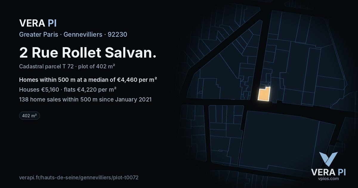 2 Rue Rollet Salvan, Gennevilliers at night – the plot lit, the parcels around coloured by the prices near them