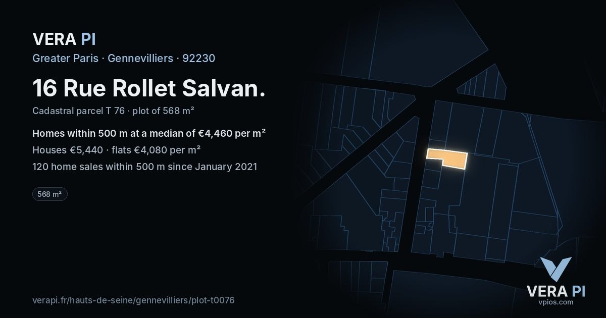 16 Rue Rollet Salvan, Gennevilliers at night – the plot lit, the parcels around coloured by the prices near them