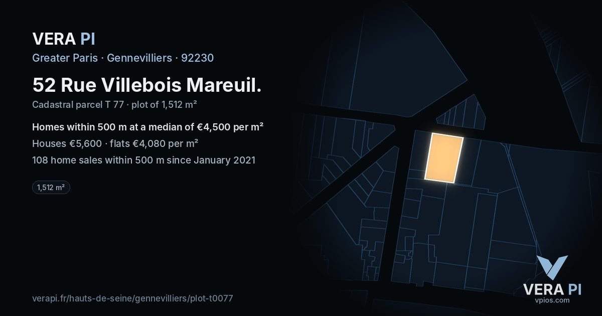 52 Rue Villebois Mareuil, Gennevilliers at night – the plot lit, the parcels around coloured by the prices near them