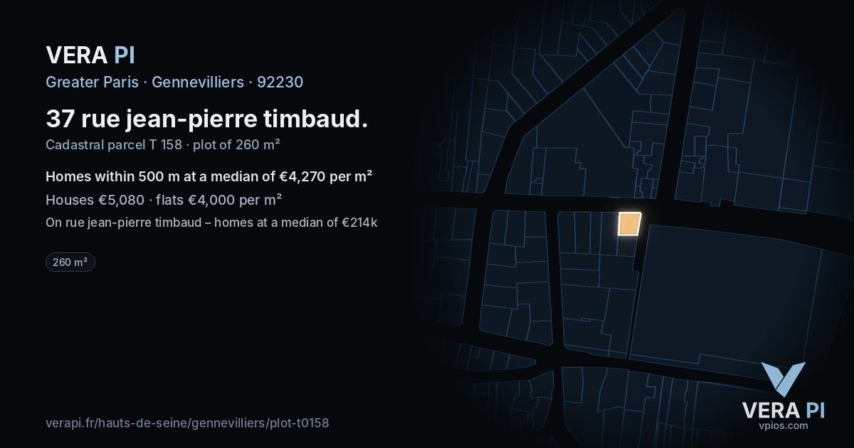 37 rue jean-pierre timbaud, Gennevilliers at night – the plot lit, the parcels around coloured by the prices near them