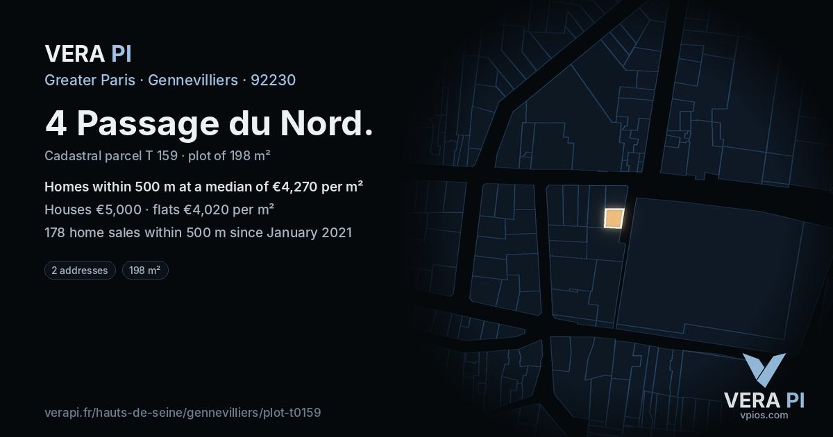 4 Passage du Nord, Gennevilliers at night – the plot lit, the parcels around coloured by the prices near them