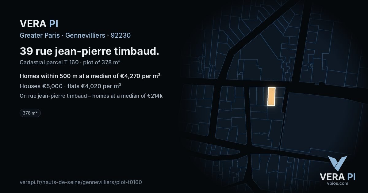 39 rue jean-pierre timbaud, Gennevilliers at night – the plot lit, the parcels around coloured by the prices near them
