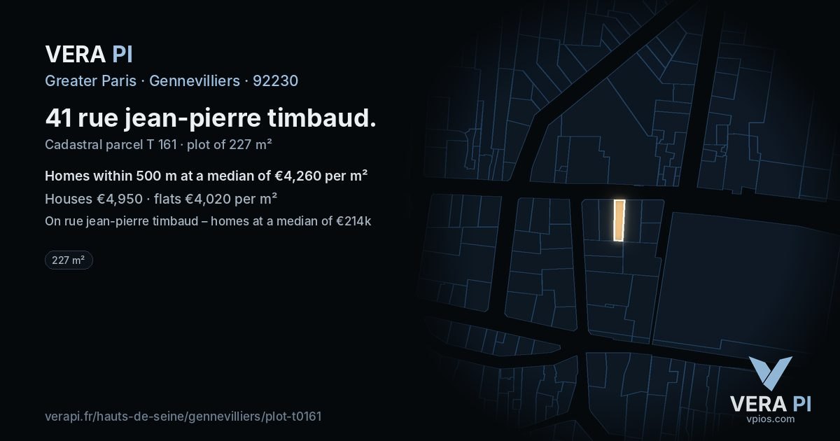41 rue jean-pierre timbaud, Gennevilliers at night – the plot lit, the parcels around coloured by the prices near them