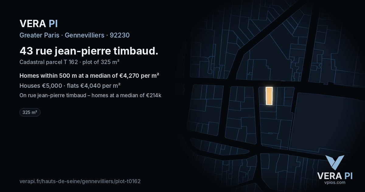 43 rue jean-pierre timbaud, Gennevilliers at night – the plot lit, the parcels around coloured by the prices near them