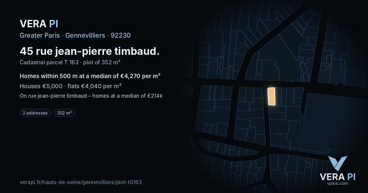 45 rue jean-pierre timbaud, Gennevilliers at night – the plot lit, the parcels around coloured by the prices near them