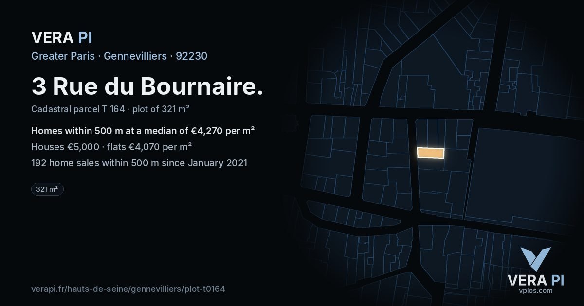 3 Rue du Bournaire, Gennevilliers at night – the plot lit, the parcels around coloured by the prices near them