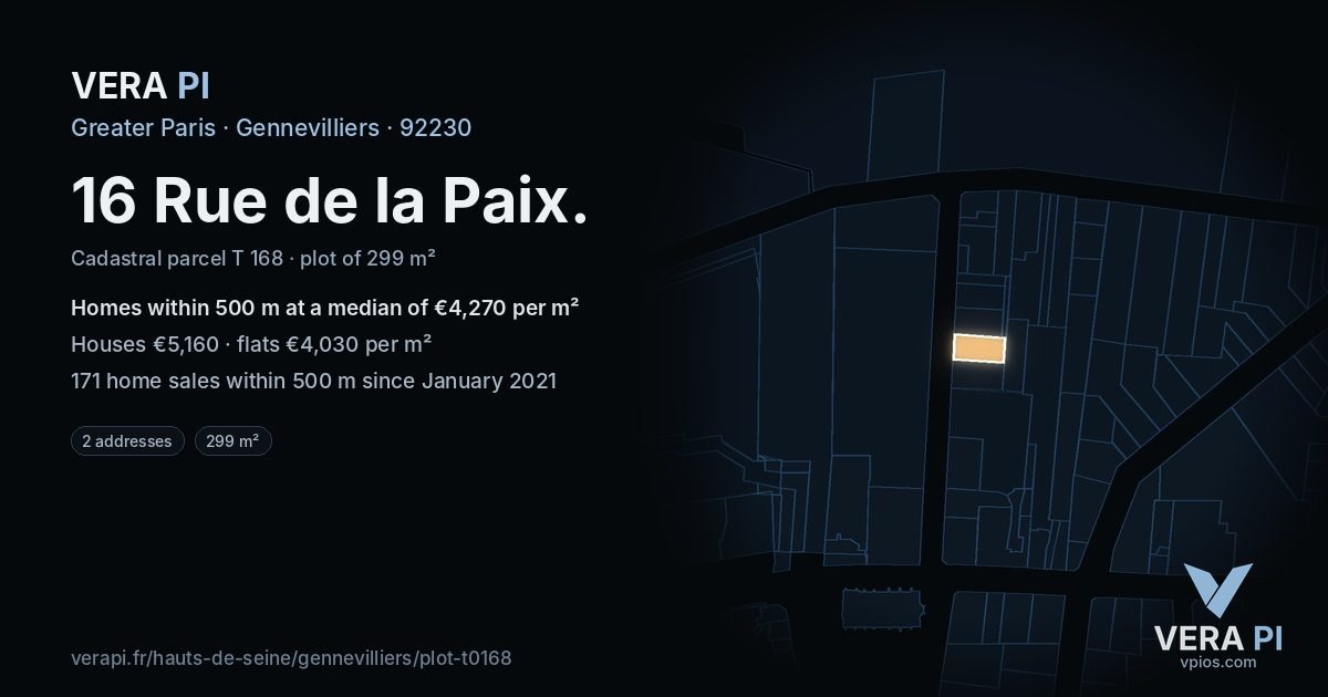 16 Rue de la Paix, Gennevilliers at night – the plot lit, the parcels around coloured by the prices near them