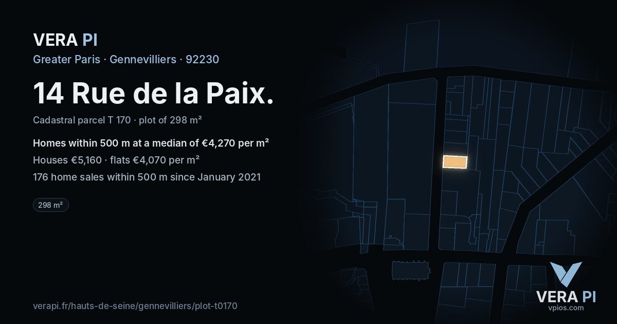 14 Rue de la Paix, Gennevilliers at night – the plot lit, the parcels around coloured by the prices near them