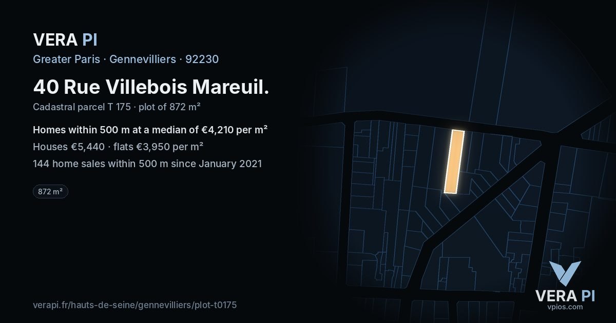 40 Rue Villebois Mareuil, Gennevilliers at night – the plot lit, the parcels around coloured by the prices near them