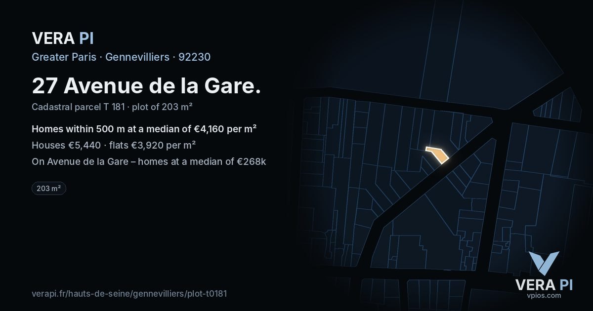 27 Avenue de la Gare, Gennevilliers at night – the plot lit, the parcels around coloured by the prices near them