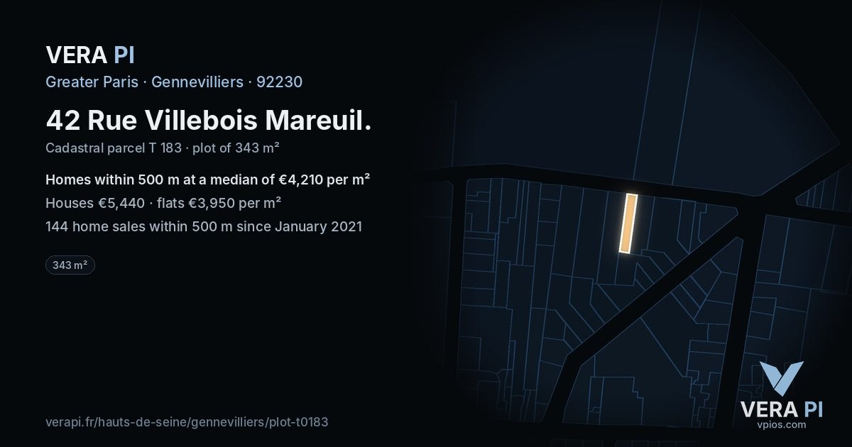 42 Rue Villebois Mareuil, Gennevilliers at night – the plot lit, the parcels around coloured by the prices near them