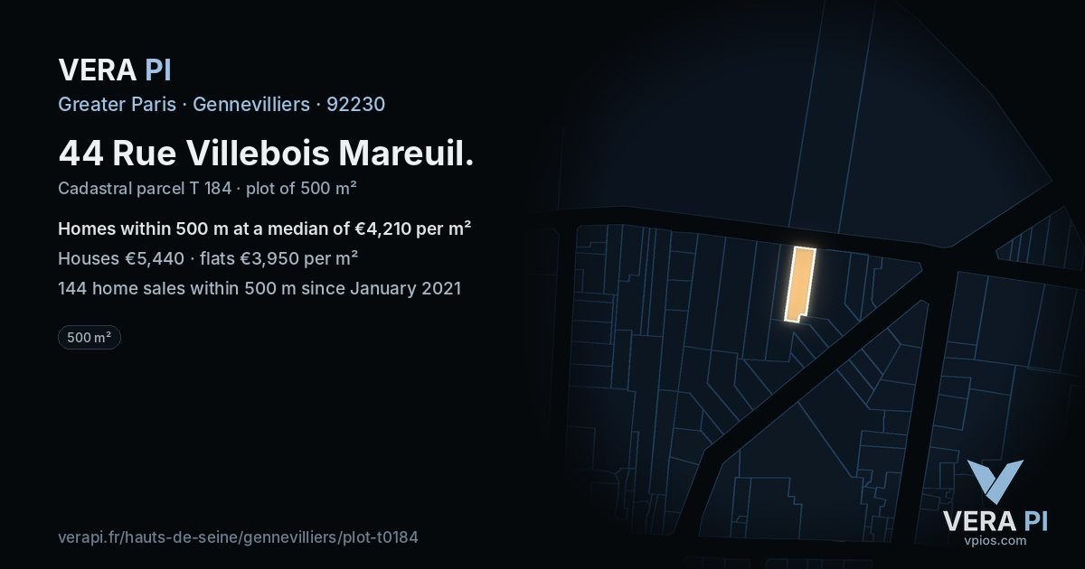 44 Rue Villebois Mareuil, Gennevilliers at night – the plot lit, the parcels around coloured by the prices near them