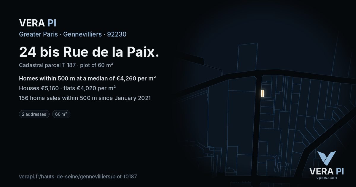 24 bis Rue de la Paix, Gennevilliers at night – the plot lit, the parcels around coloured by the prices near them