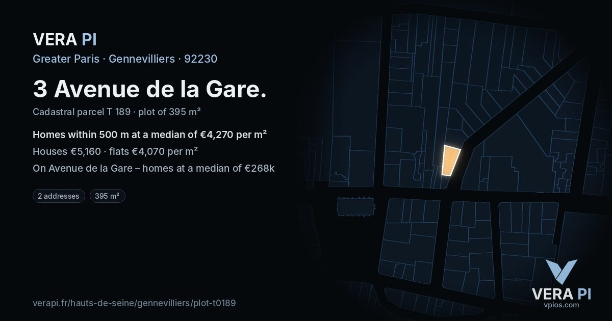 3 Avenue de la Gare, Gennevilliers at night – the plot lit, the parcels around coloured by the prices near them
