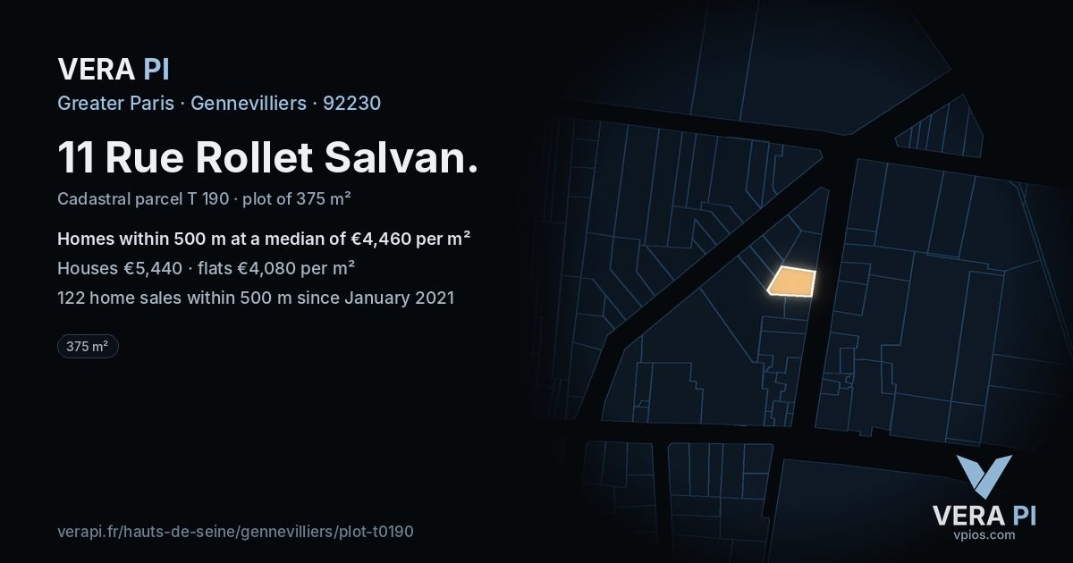 11 Rue Rollet Salvan, Gennevilliers at night – the plot lit, the parcels around coloured by the prices near them