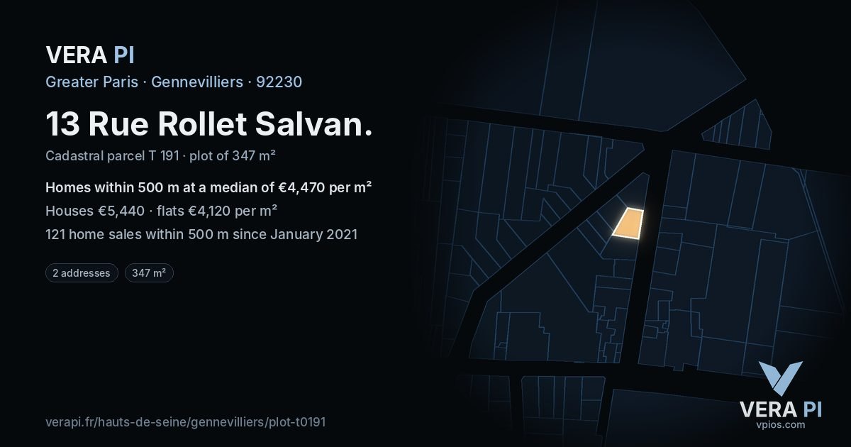 13 Rue Rollet Salvan, Gennevilliers at night – the plot lit, the parcels around coloured by the prices near them