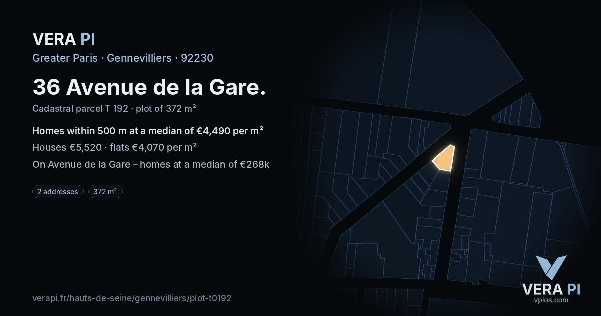 36 Avenue de la Gare, Gennevilliers at night – the plot lit, the parcels around coloured by the prices near them