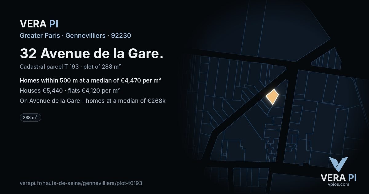 32 Avenue de la Gare, Gennevilliers at night – the plot lit, the parcels around coloured by the prices near them