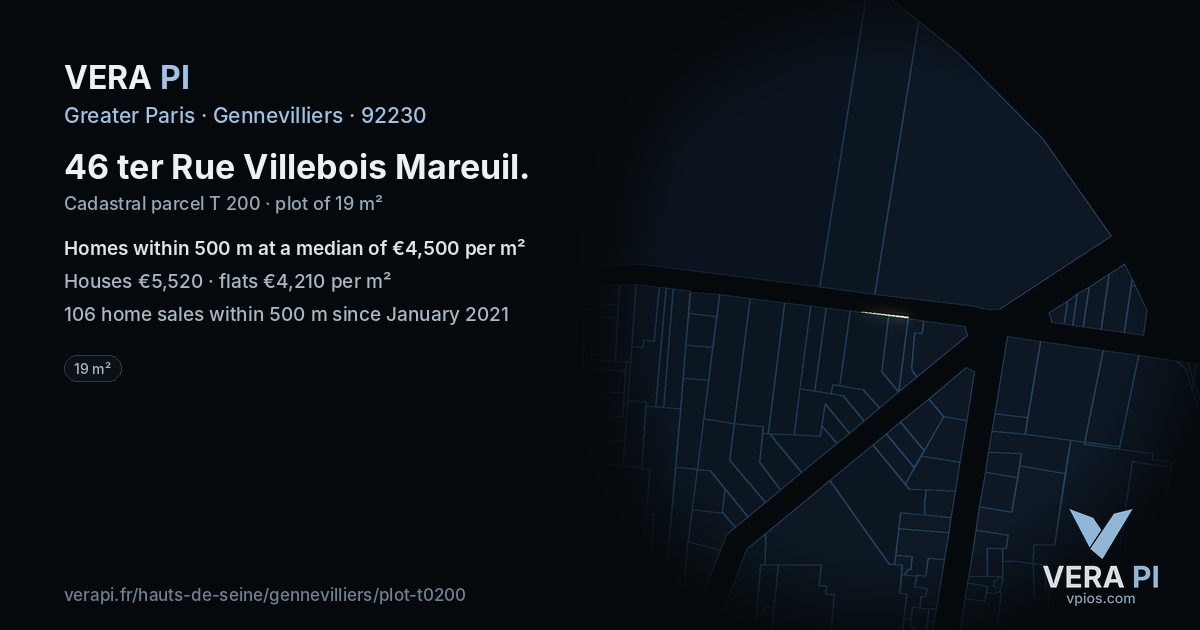 46 ter Rue Villebois Mareuil, Gennevilliers at night – the plot lit, the parcels around coloured by the prices near them
