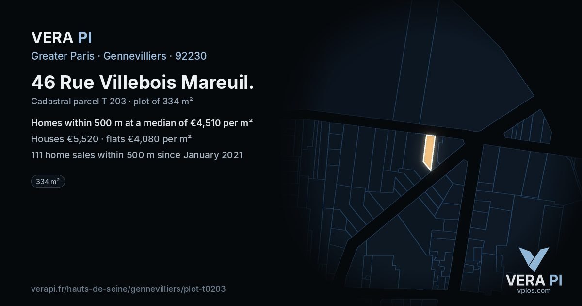46 Rue Villebois Mareuil, Gennevilliers at night – the plot lit, the parcels around coloured by the prices near them