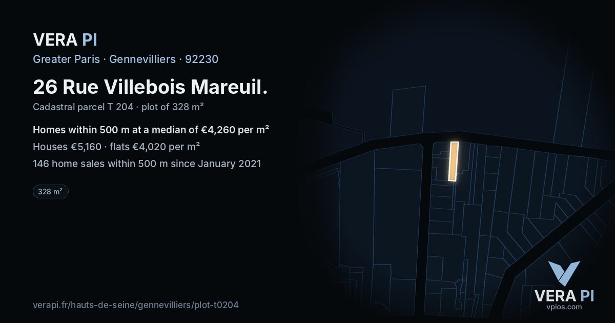 26 Rue Villebois Mareuil, Gennevilliers at night – the plot lit, the parcels around coloured by the prices near them