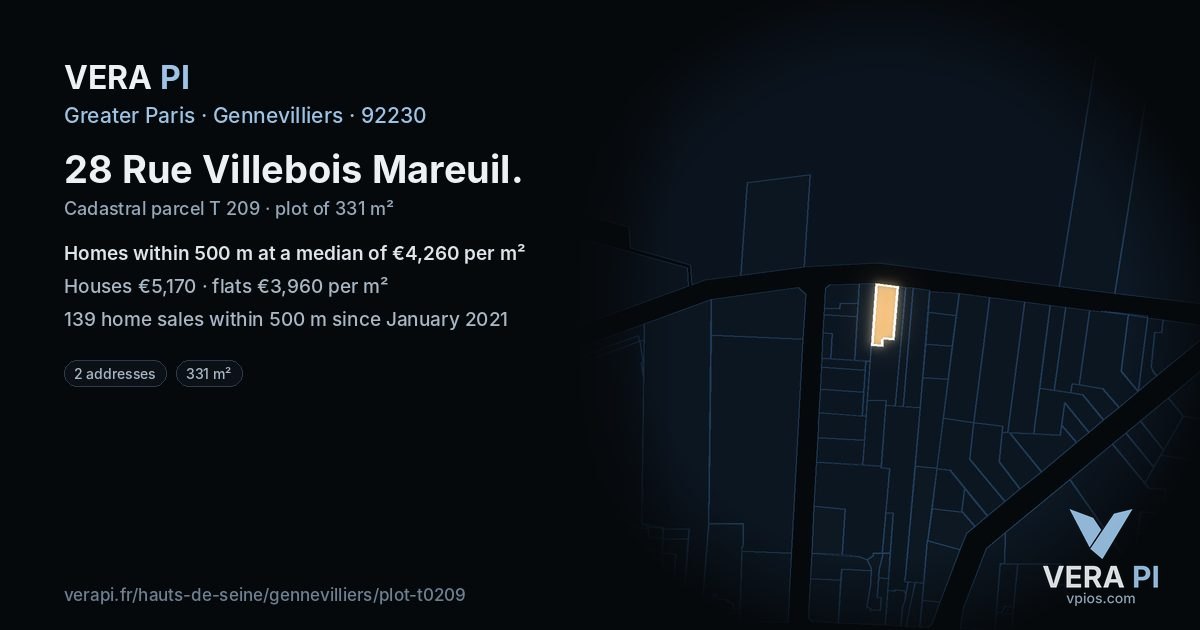 28 Rue Villebois Mareuil, Gennevilliers at night – the plot lit, the parcels around coloured by the prices near them